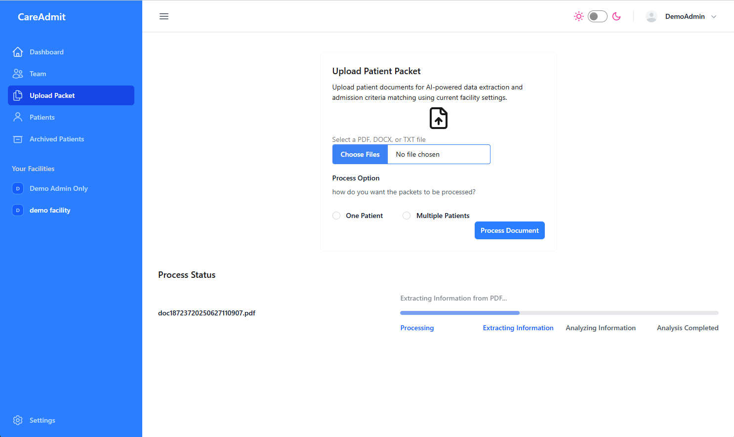 Screenshot from App of upload packet feature